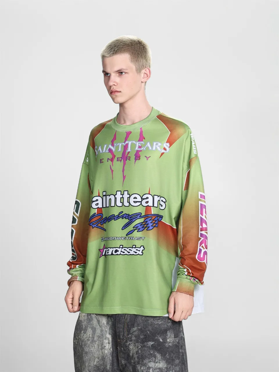 Saint michael tears all-over printed long-sleeved vintage autumn and winter T-shirt Style number: 116 Size: M L XL Wholesale price: 136 Color: blue yellow